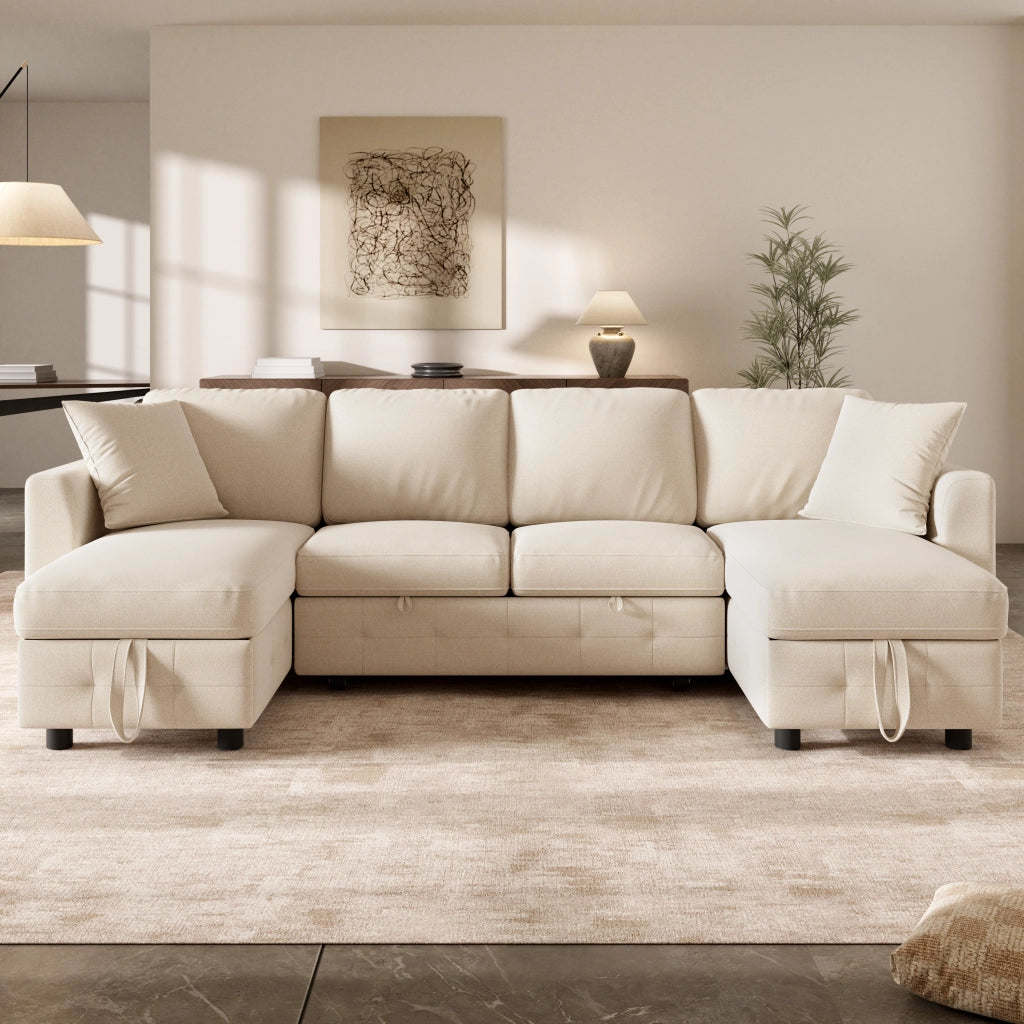 Divano letto a U in chenille beige con funzione estraibile, 2 chaise longue contenitore, USB e Type-C, 260¡Á128¡Á82 cm
