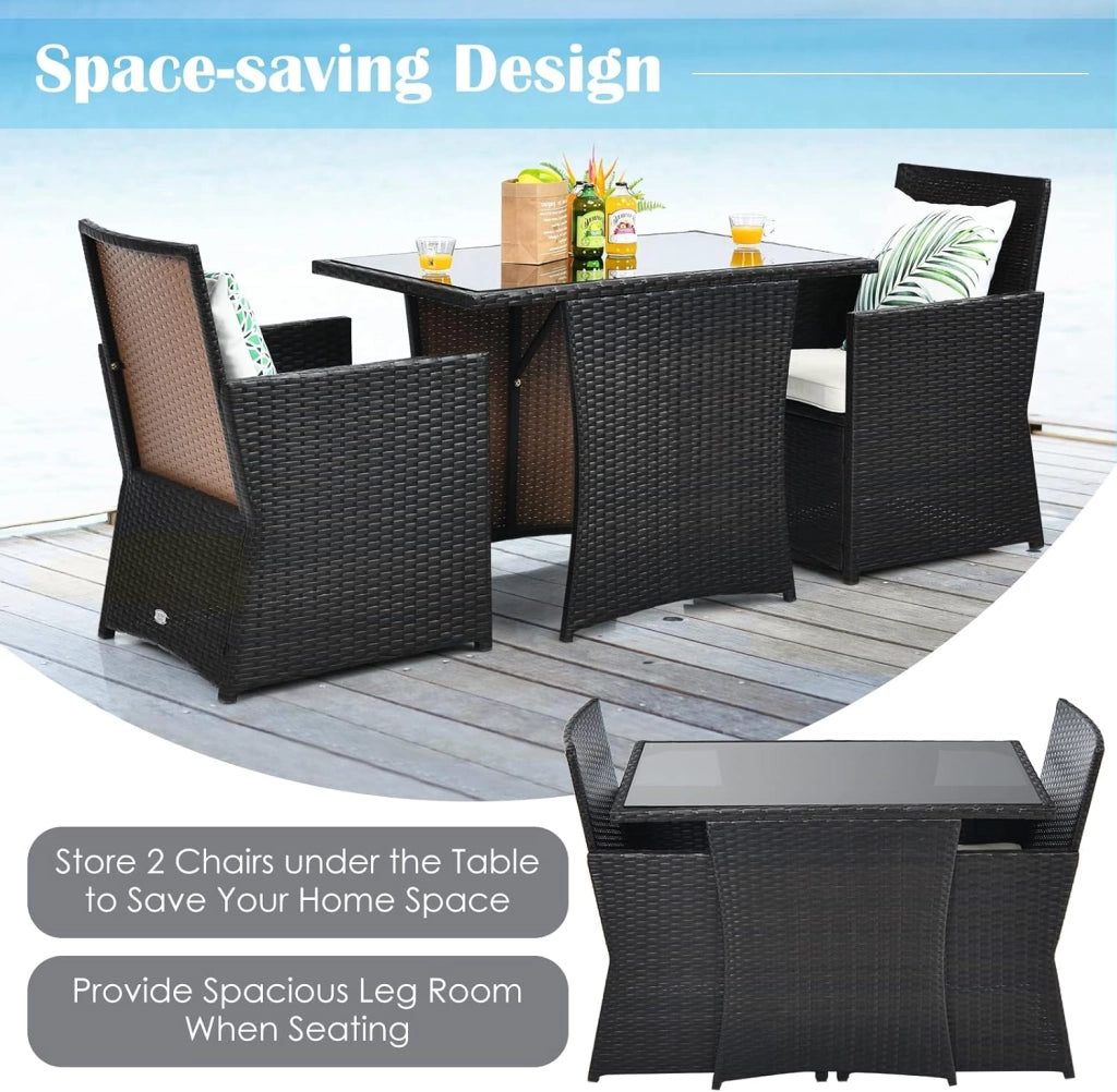 Set di Mobili da Giardino in Rattan,Tavolo da Pranzo con 2 Sedie, Set di Mobili da Balcone in Rattan per 2 Persone, Set da Balcone Salvaspazio