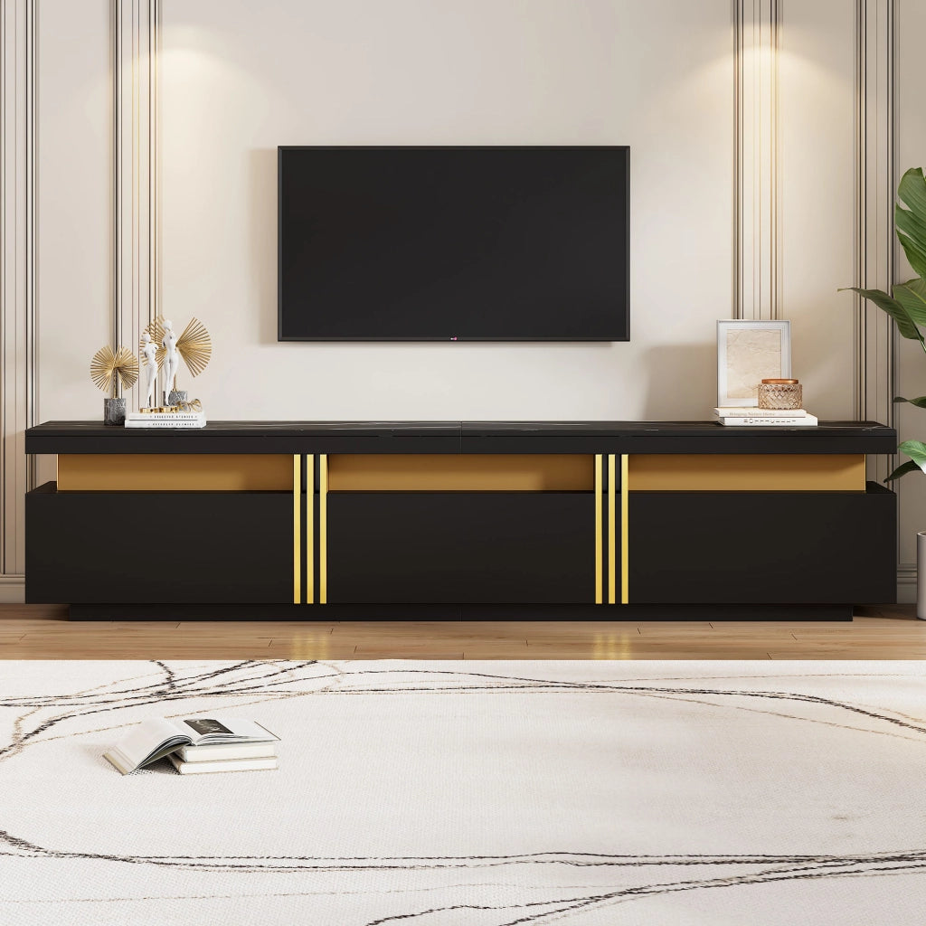 Mobile TV con 3 Cassetti e Foro Passacavi; Effetto Marmo; per Soggiorno; in Pannello di Particelle; 200 × 40 × 42 cm; Nero