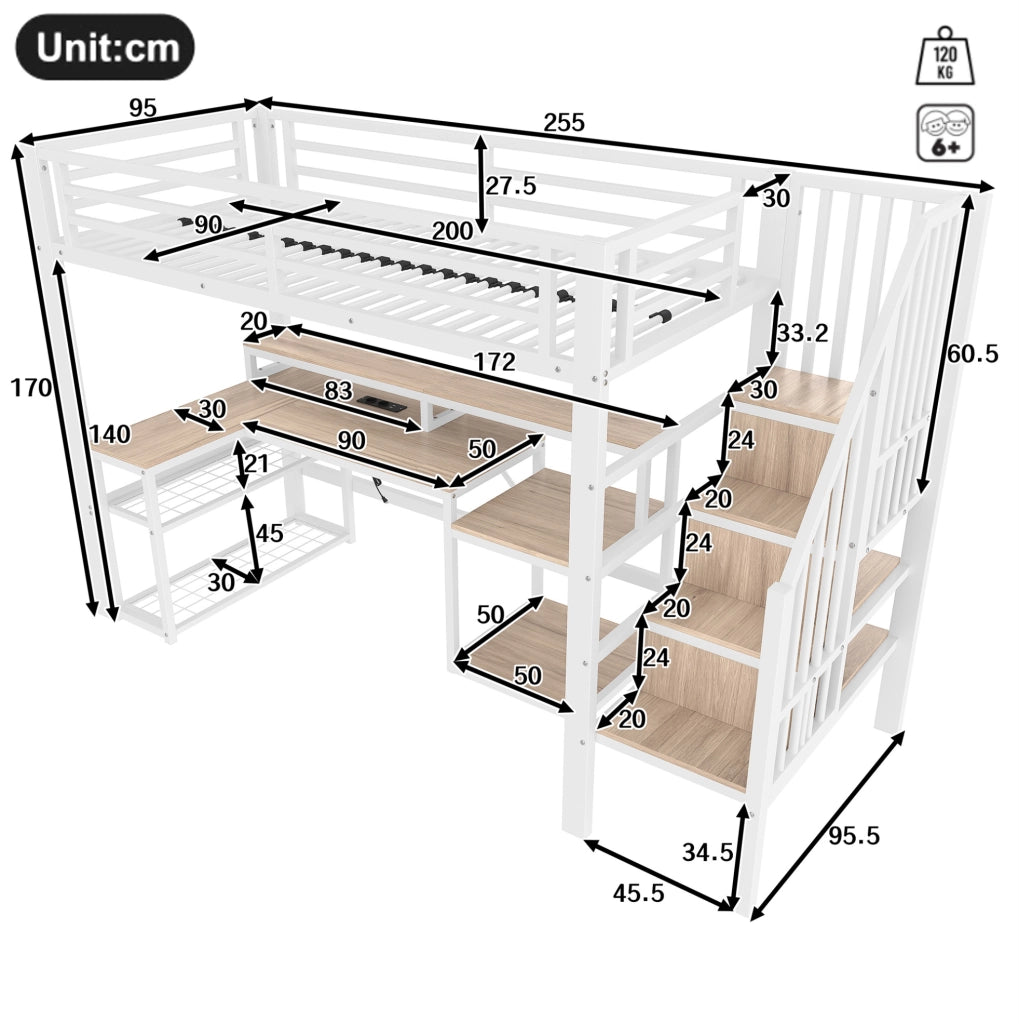 Letto a soppalco ULEVR 90x200 cm con scrivania, LED regolabile via app, USB e ripiani, bianco
