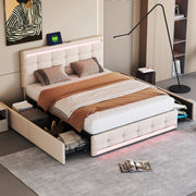 OKWISH Letto con Cassetti 140×200 cm, Letto Matrimoniale con 4 Cassetti, LED Regolabile, 2 USB e Telecomando, senza Materasso, Beige