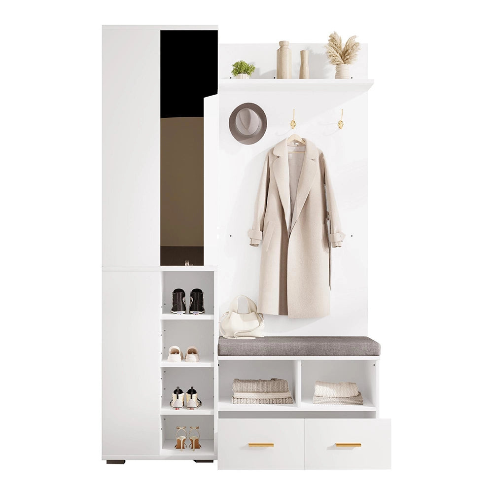 Vestiaire completo con specchio - Xylo - 120x35x190 cm - Bianco - Panca scarpe e 3 ganci
