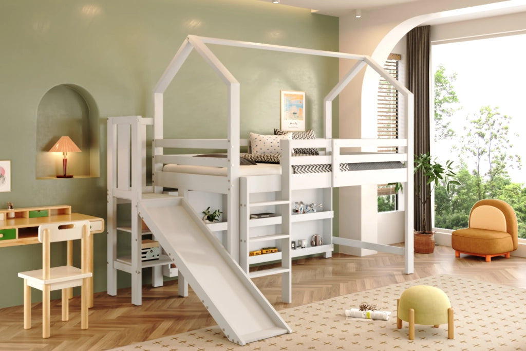 Letto singolo multifunzionale 90x200 cm con scivolo, armadietti e ripiani, bianco, senza materasso