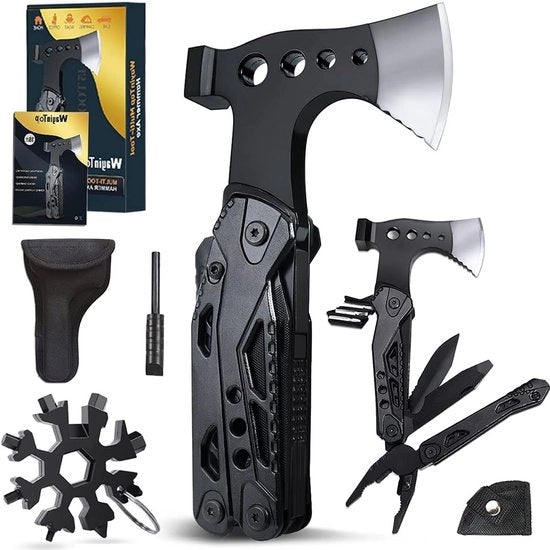 Kit di Sopraccampionamento Multifunzionale 16 in 1 - Regalo di Campo per Uomo con Martello, Chiave a Lame, Sega, Apripetini - Attrezzo da Tasca per Camping, Escursioni, Emergenze all'Aperto