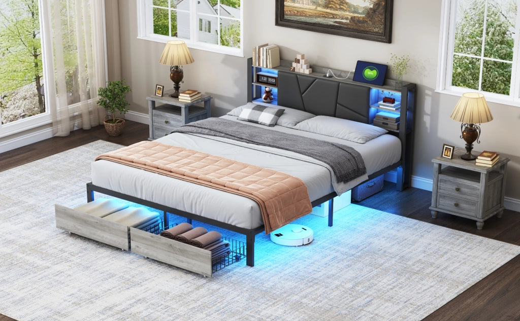 Letto matrimoniale 140x200 cm con testiera LED; USB e due cassetti neri