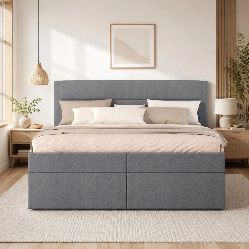 Letto matrimoniale imbottito 140x200 cm con contenitore; struttura in legno e MDF; grigio