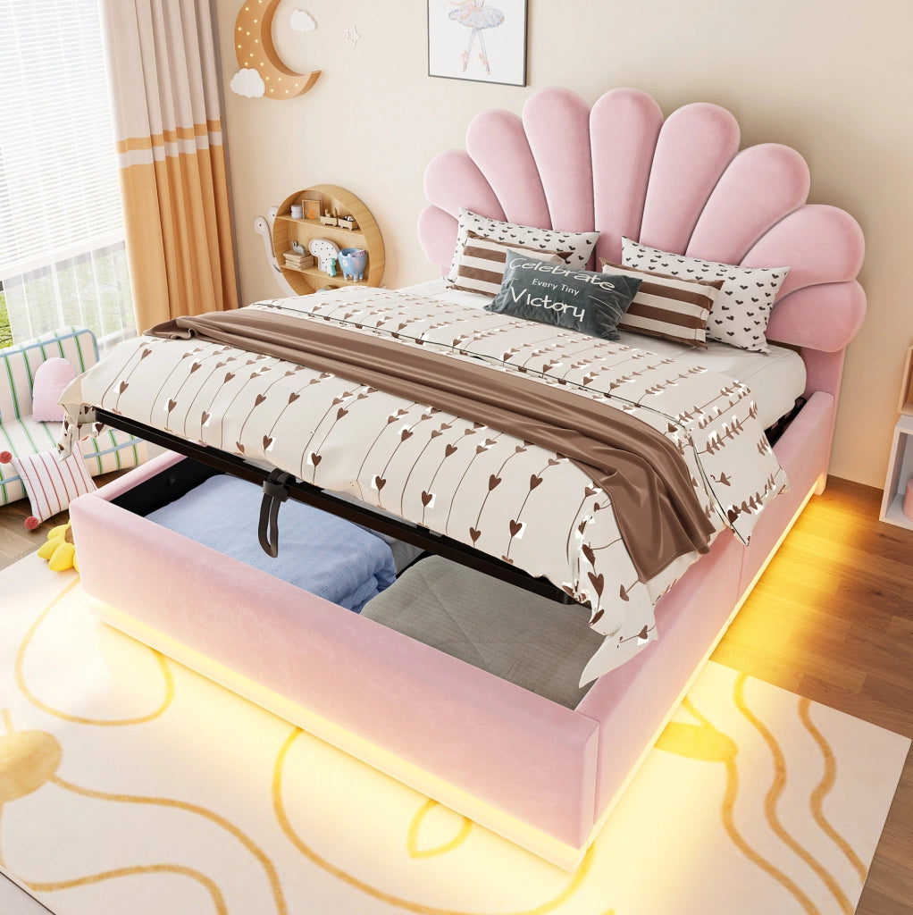 Letto imbottito 140x200 cm in velluto rosa con contenitore; testiera floreale e LED