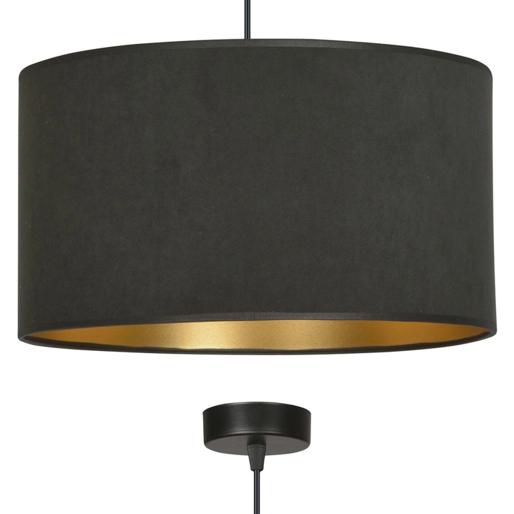 Lampada a sospensione Hilde con paralume in velluto nero e interno oro