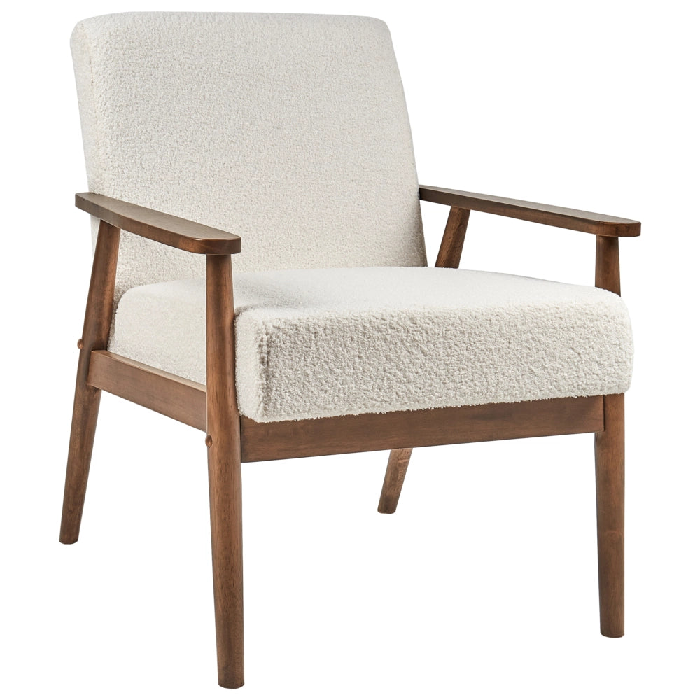 Poltrona Poliestere Boucle Bianco Sporco Rivestimento Retro Design Struttura in legno scuro Braccioli Soggiorno