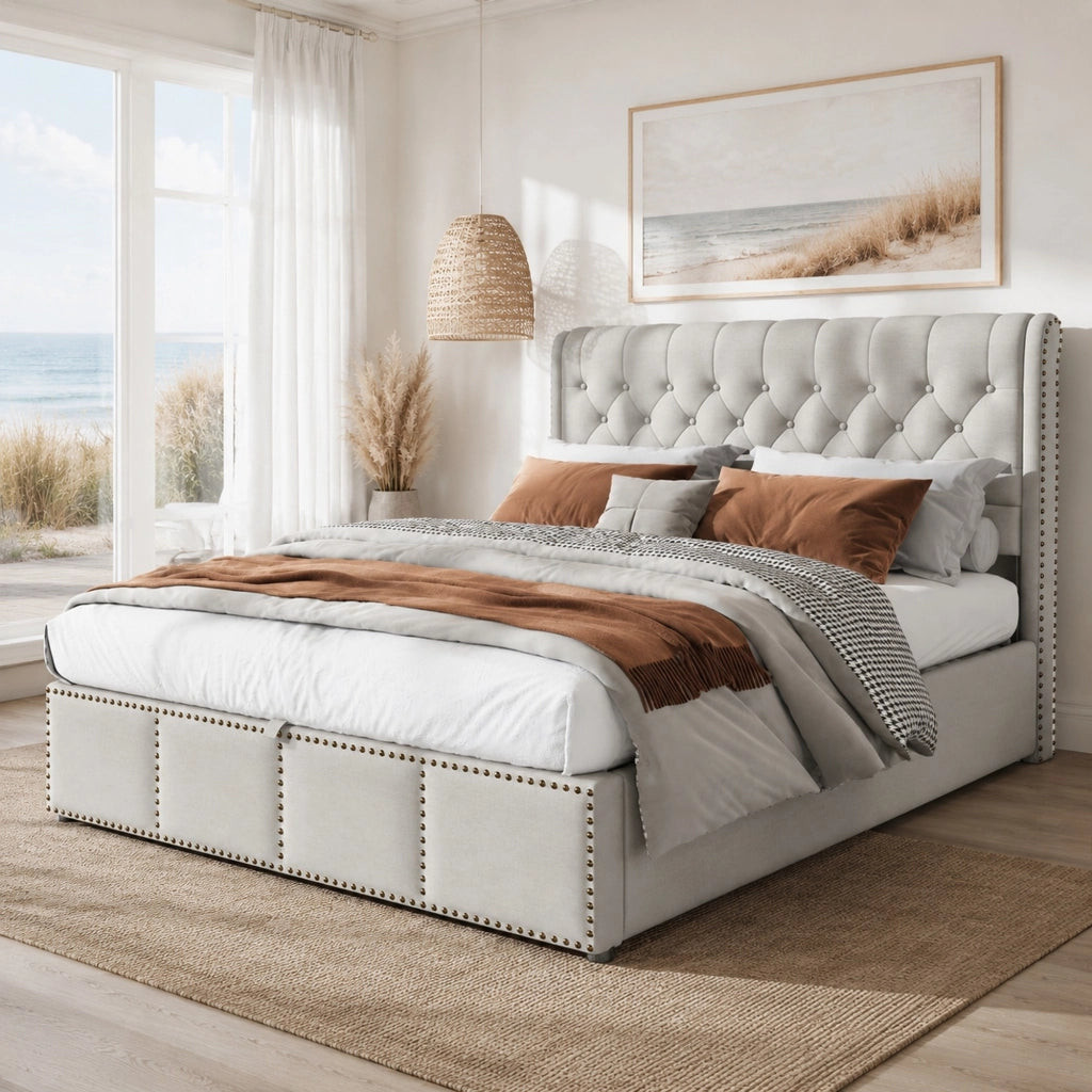 Letto imbottito in cotone-lino grigio 140x190 cm con contenitore, rete a doghe e design con rivetti