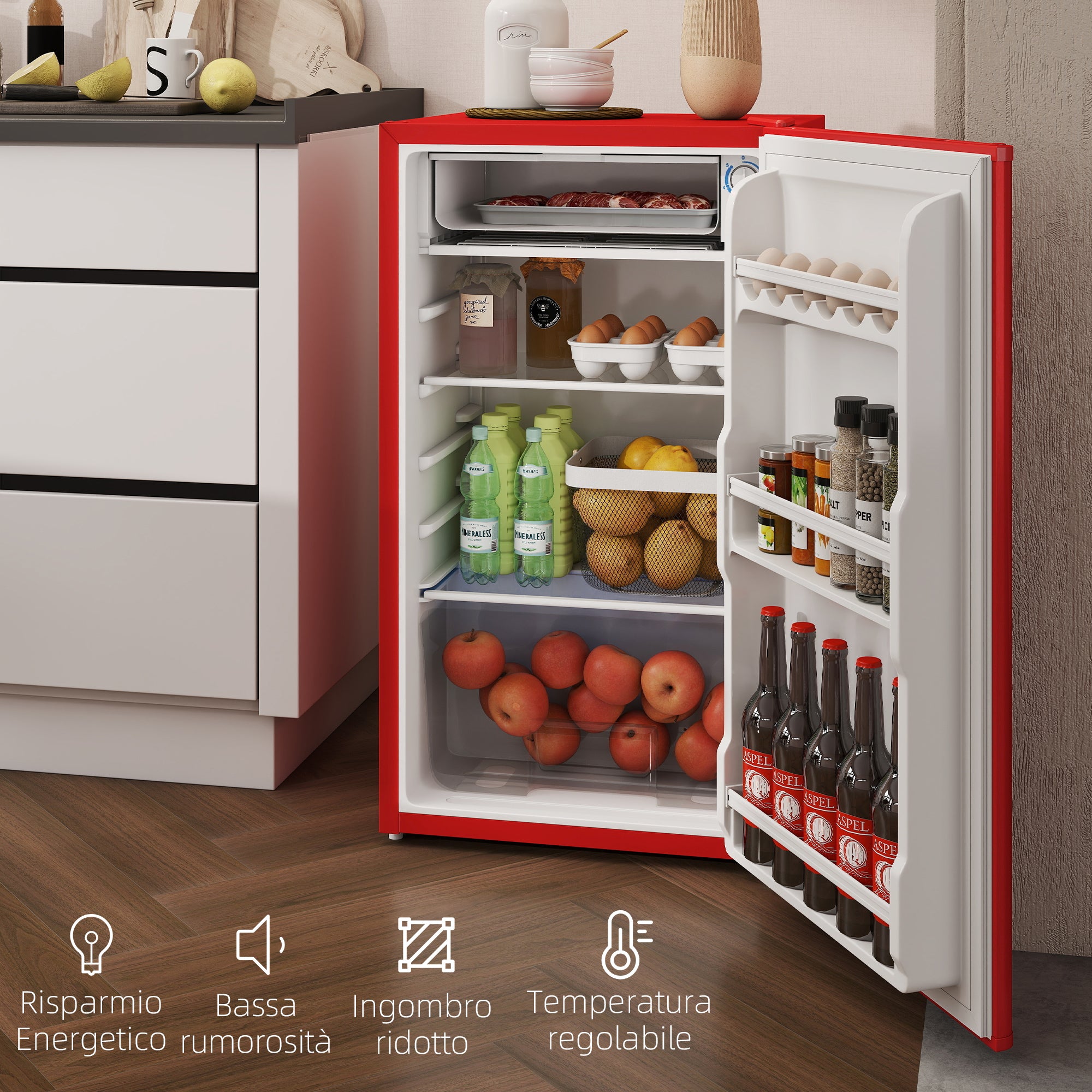 Frigorifero Piccolo 91L MonoPorta Reversibile con Congelatore e Temperatura Regolabile Rosso