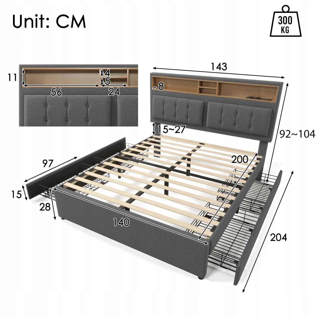 Letto imbottito 140x200 con 4 cassetti - Xylo - Schienale regolabile