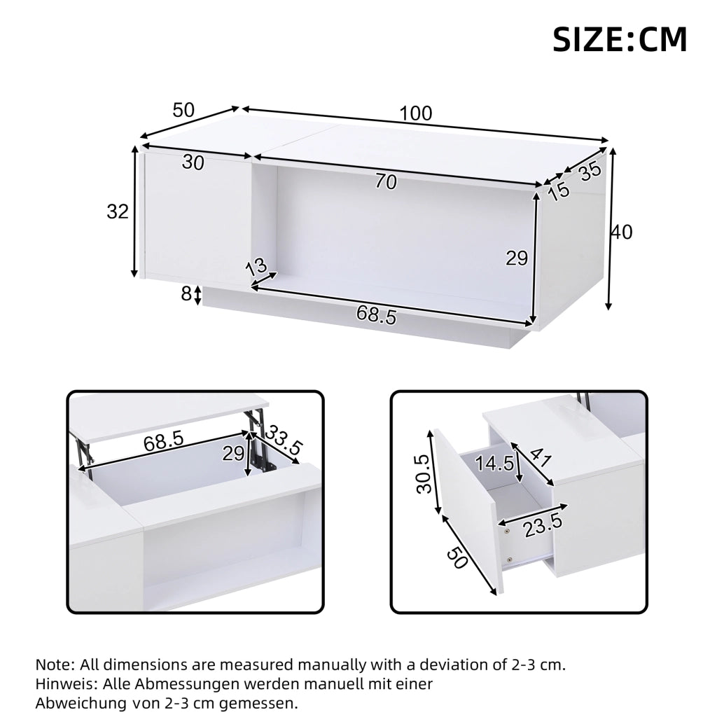Tavolino da caffè alzabile 100x50x40 cm con contenitore; cassetto e LED Bluetooth; bianco
