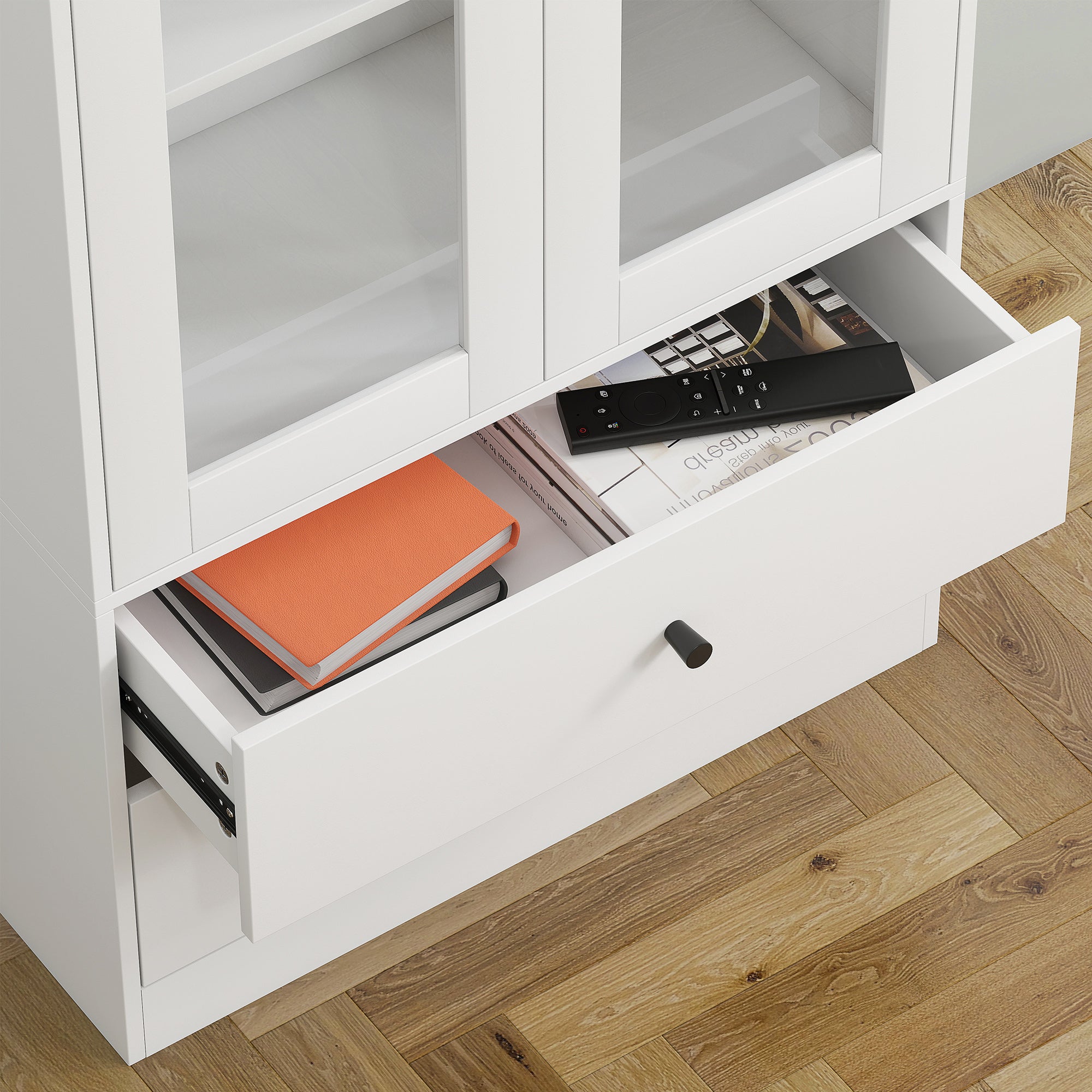 Credenza Cucina 59x30x164 cm Ante in Vetro e 2 Cassetti Bianco