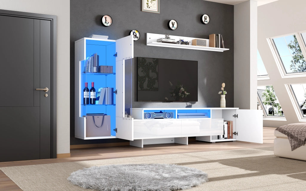 Mobile TV- set 3 pezzi- lucido- LED- sospeso- acrilico- vetro- bianco- per TV 70"
