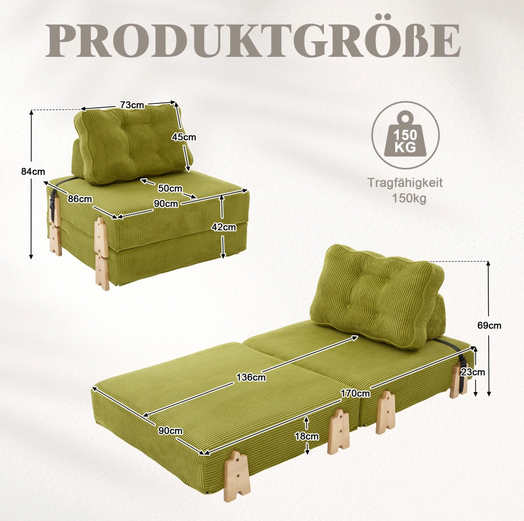 Poltrona letto pieghevole convertibile in corda verde oliva; 90x86x84 cm; gambe in legno