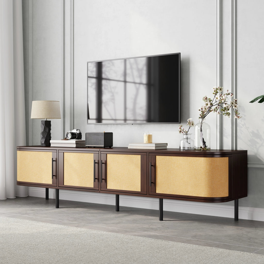 Mobile TV 180x40x45 cm con 4 ante e frontali intrecciati in MDF noce