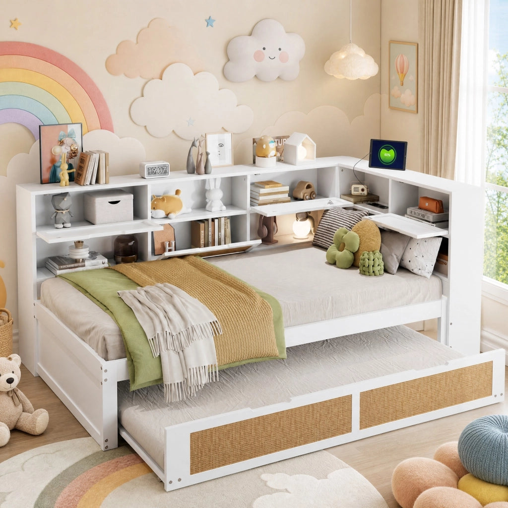 Divano letto singolo con letto estraibile 90x200 cm in legno bianco; prese USB e vani contenitore