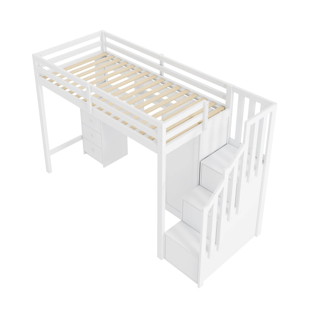 OKWISH Letto a Castello 90×200 cm, Letto Singolo con Scrivania, Armadio, Cassetti e Contenitori nella Scala, senza Materasso, Bianco