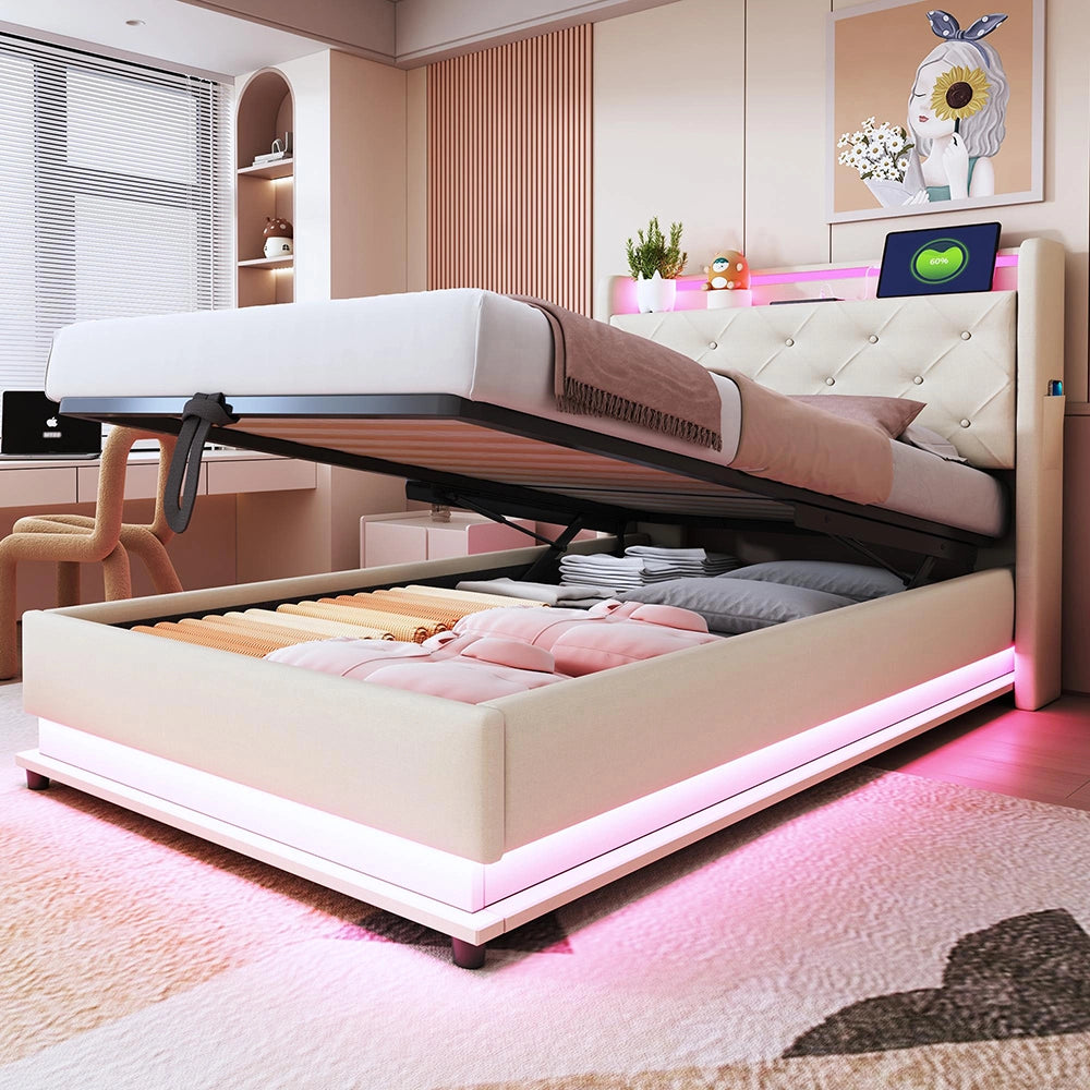 Letto bambino-Xylo-90x200 cm-LED RGB, USB, tasca telefono, lino beige