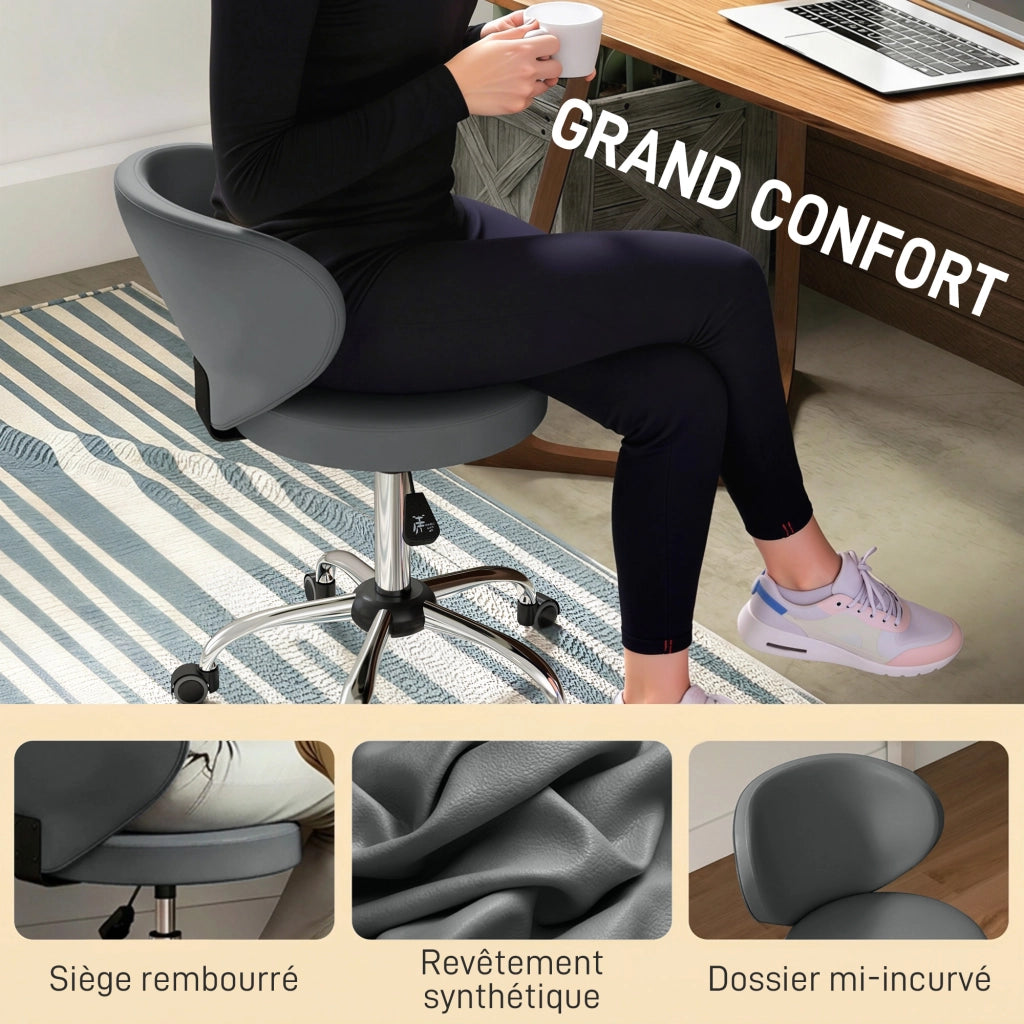 Sgabello da massaggio regolabile con rotelle e schienale ¨C zephmum ¨C grigio similpelle 73-88 cm
