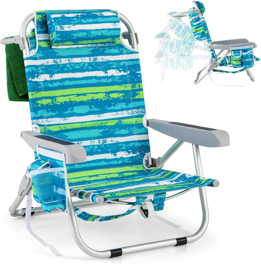 Sedia da Spiaggia, Sdraio Pieghevole a 5 Posizioni con Portabicchieri, Poltrona da Spiaggia con Cuscino per Testa e Zaino, Sedia da Campeggio Portatile, Portata 150 kg (Blu e Verde,1)