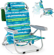 Sedia da Spiaggia, Sdraio Pieghevole a 5 Posizioni con Portabicchieri, Poltrona da Spiaggia con Cuscino per Testa e Zaino, Sedia da Campeggio Portatile, Portata 150 kg (Blu e Verde,1)