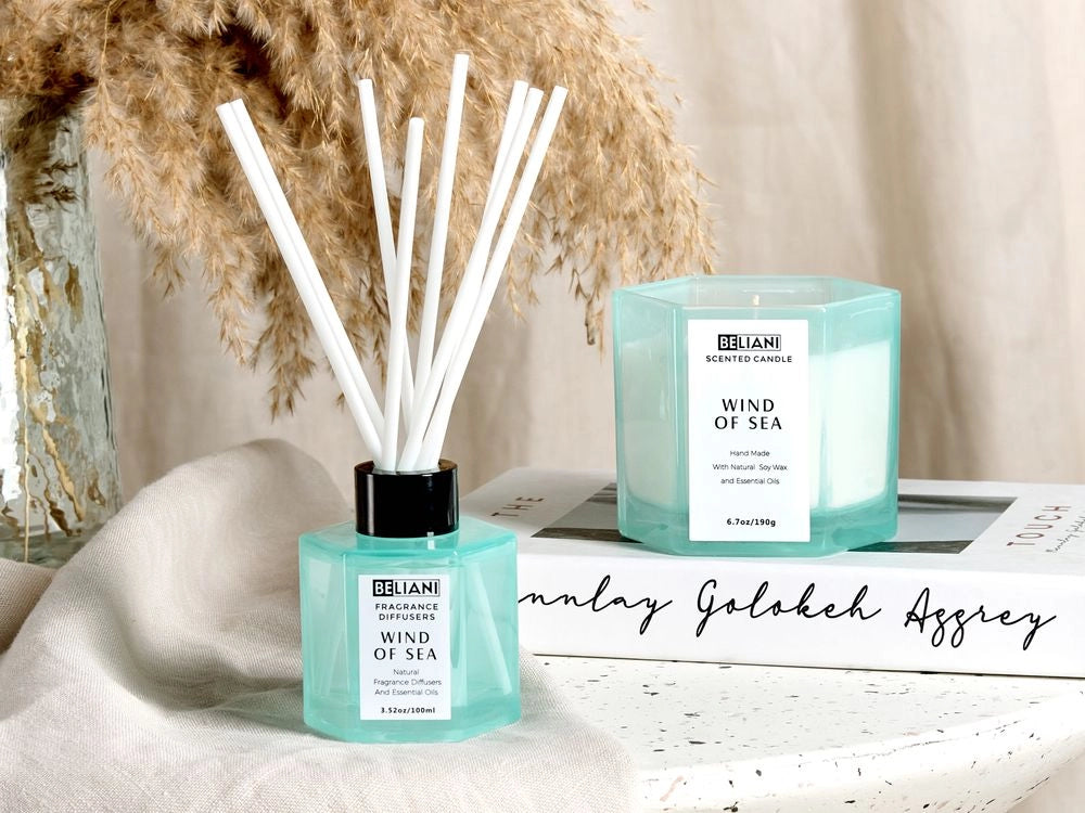 Set candela profumata in cera di soia 100% e diffusore con bastoncini, stoppino di cotone, vetro profumo fresco brezza marina