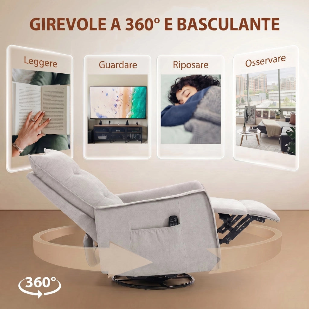 Poltrona Relax Massaggiante  71x93x99 cm Reclinabile con Telecomando e Poggiapiedi in Ciniglia Grigio Chiaro