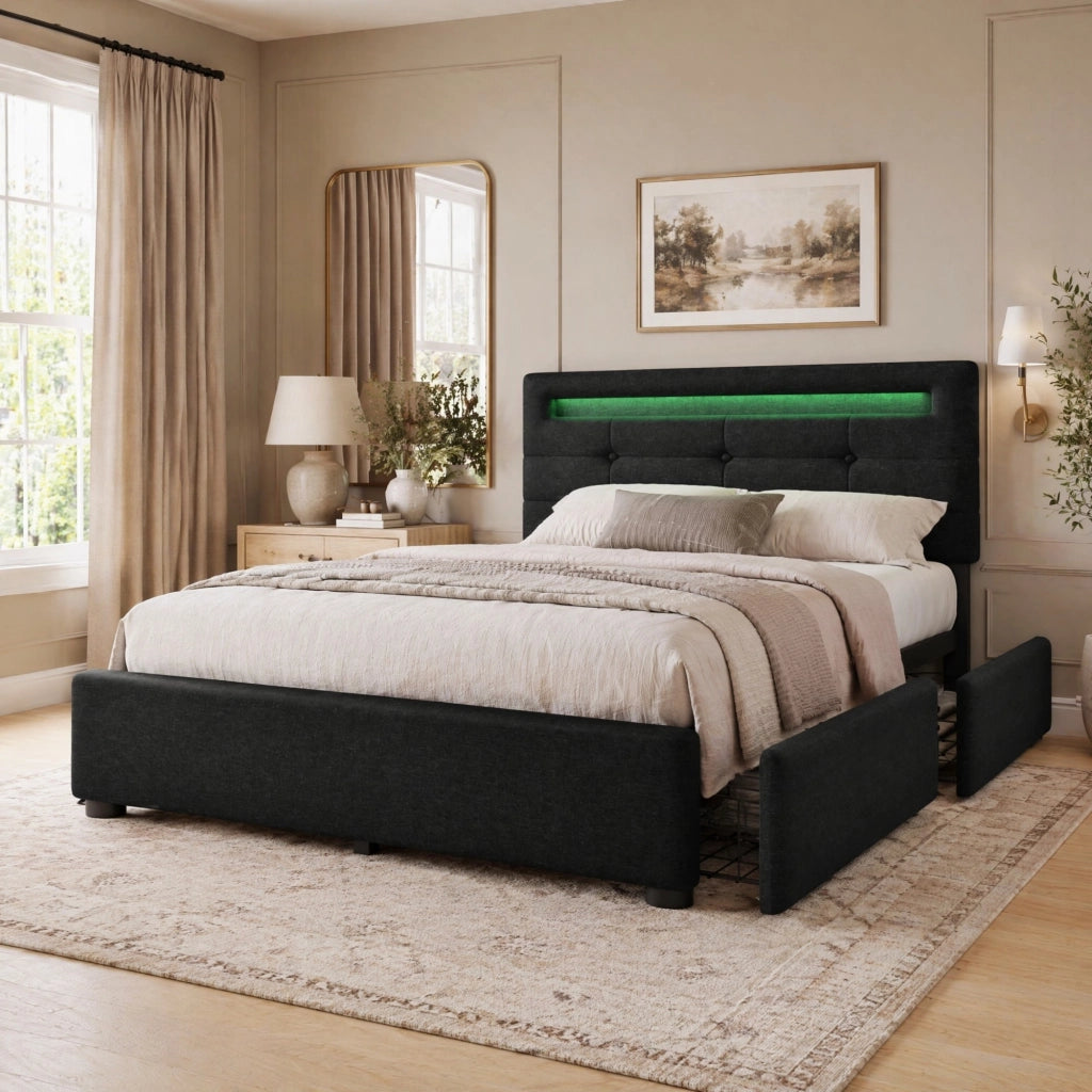 Letto singolo con LED; 2 cassetti e materasso molle 90x200 cm in lino nero