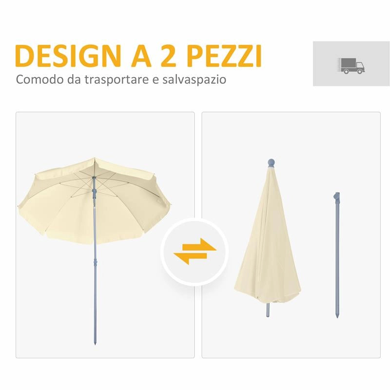 OMBRELLONE PORTATILE 220 CM CON TETTUCCIO INCLINABILE IN POLIESTERE BIANCO CREMA