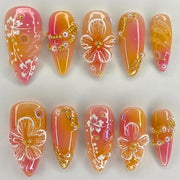 Nagelstickers 24 Stuks Amandelvormig 3D Goudparel/Kristalontwerp Roze/Gele Gradient Design delle Fiori con Adesivo Ricollegabile