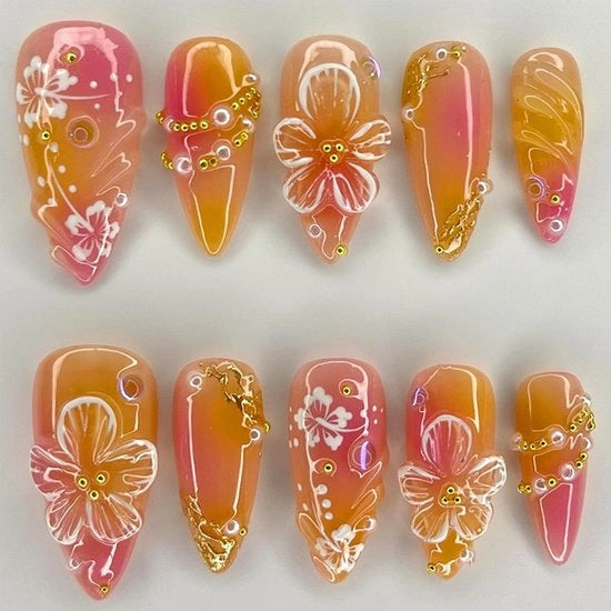 Nagelstickers 24 Stuks Amandelvormig 3D Goudparel/Kristalontwerp Roze/Gele Gradient Design delle Fiori con Adesivo Ricollegabile