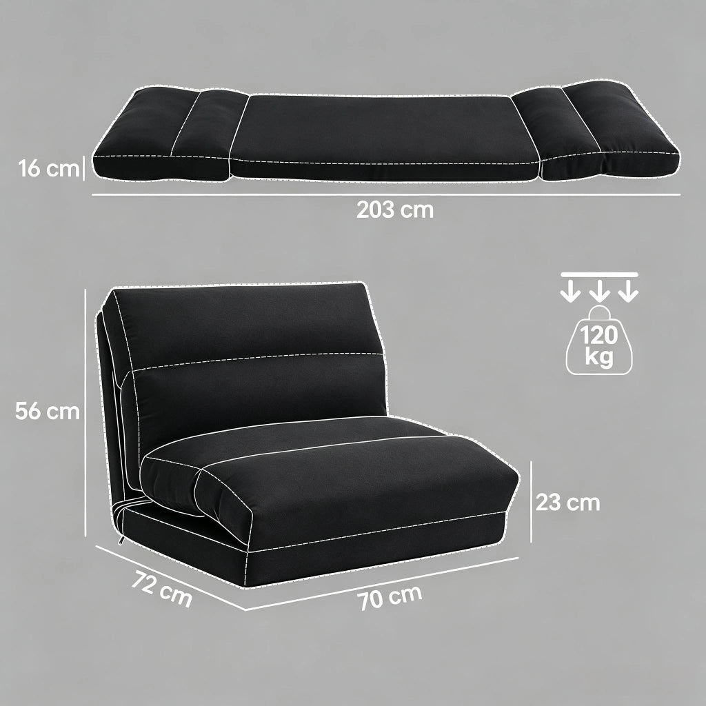 Poltrona relax trasformabile in letto con schienale reclinabile a 5 posizioni e struttura in poliestere nero