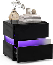 Tavolino a LED con Cassetti e Telecomando, Comodino con 22 Modalità di Luce, 10 Velocità e 5 Luminosità, Tavolino Laterale Moderno da Salotto e Camera da Letto, Nero