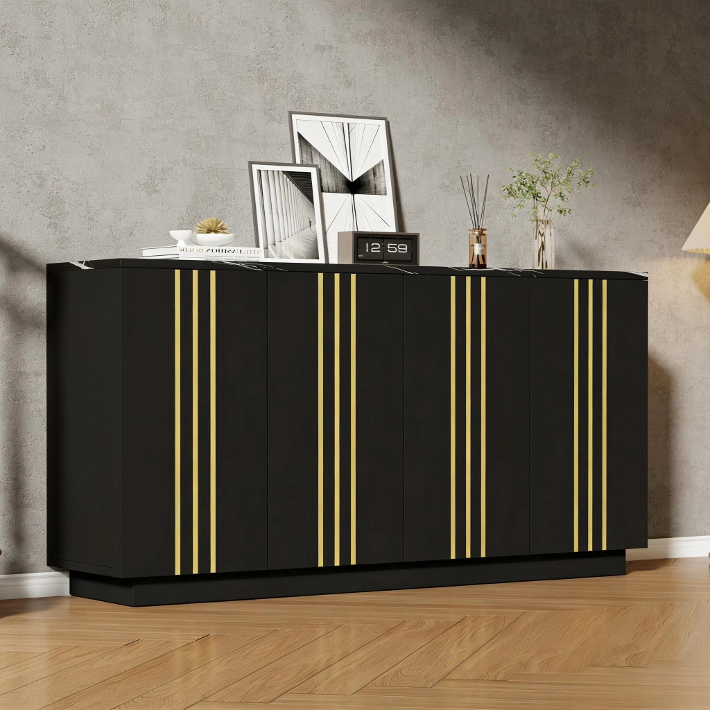 Sideboard da soggiorno con 4 ante, 35 x 140 x 70 cm, nero e oro, in pannello truciolare, con vani interni separati