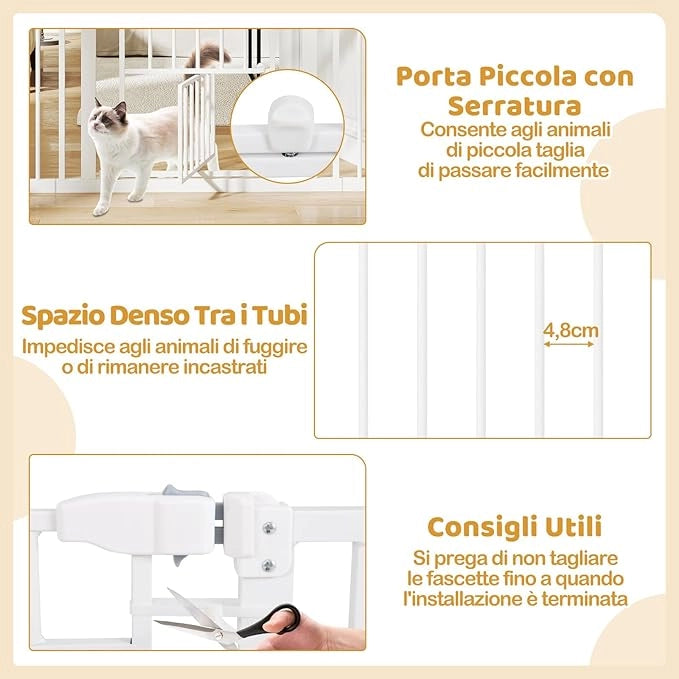 Cancelletto per Bambini per Aperture 74-104 cm, Cancello per Bambino con Porta Piccola, 2 Estensioni e Doppio Blocco, Cancelletto in Metallo da Interno per Cucina, Scale e Soggiorno (Bianco)