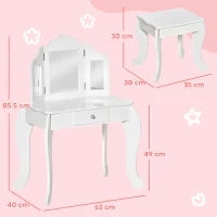 Tavolo da Trucco per Bambini con Sgabello e Triplo Specchio, in Legno e Acrilico, 63x40x85.5 cm, Bianco