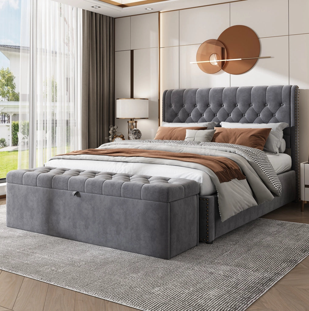 Ottomana contenitore in velluto grigio 138x41x42 cm