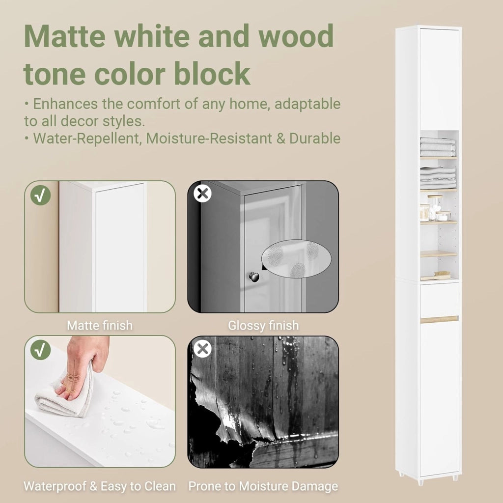 Mobile Bagno Alto e Stretto, Mobili Salvaspazio Mobiletto a Colonna da Terra con Ripiani Regolabili e Cassetto Armadietto per Bagno e Lavanderia 20×20×180 cm BZR34-WN
