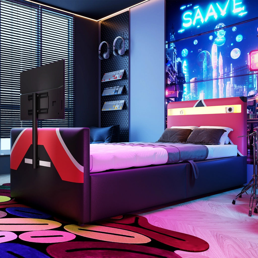Letto imbottito nero con illuminazione led a cambio colore stoccaggio idraulico supporto tv 90x200 cm
