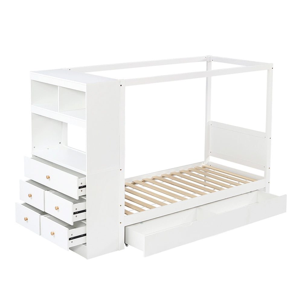 Letto bambino-Xylo-90x200 cm-barriera, 5 cassetti, rotelle, pino, bianco+naturale