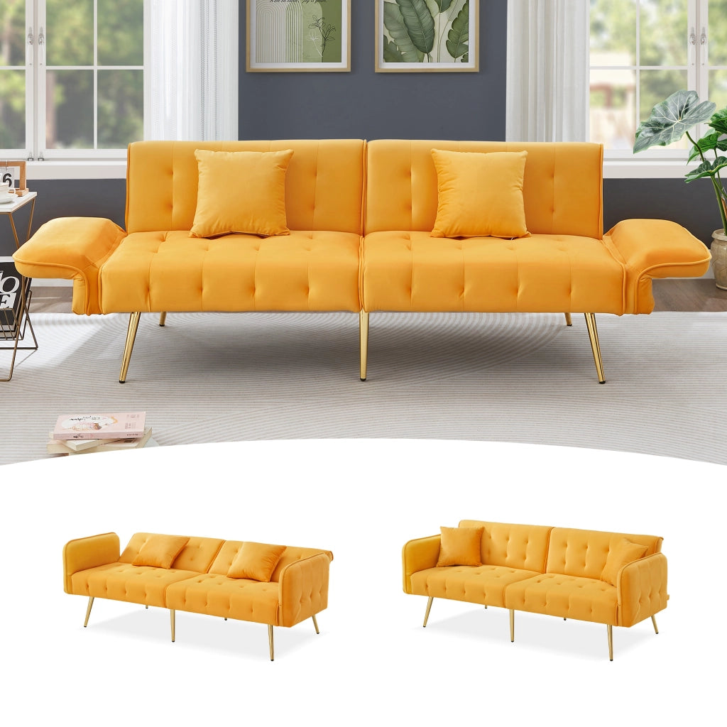 OKWISH Divano Letto 2 Posti, Schienali e Braccioli Regolabili, con Cuscini, Velluto ed Espanso, Giallo