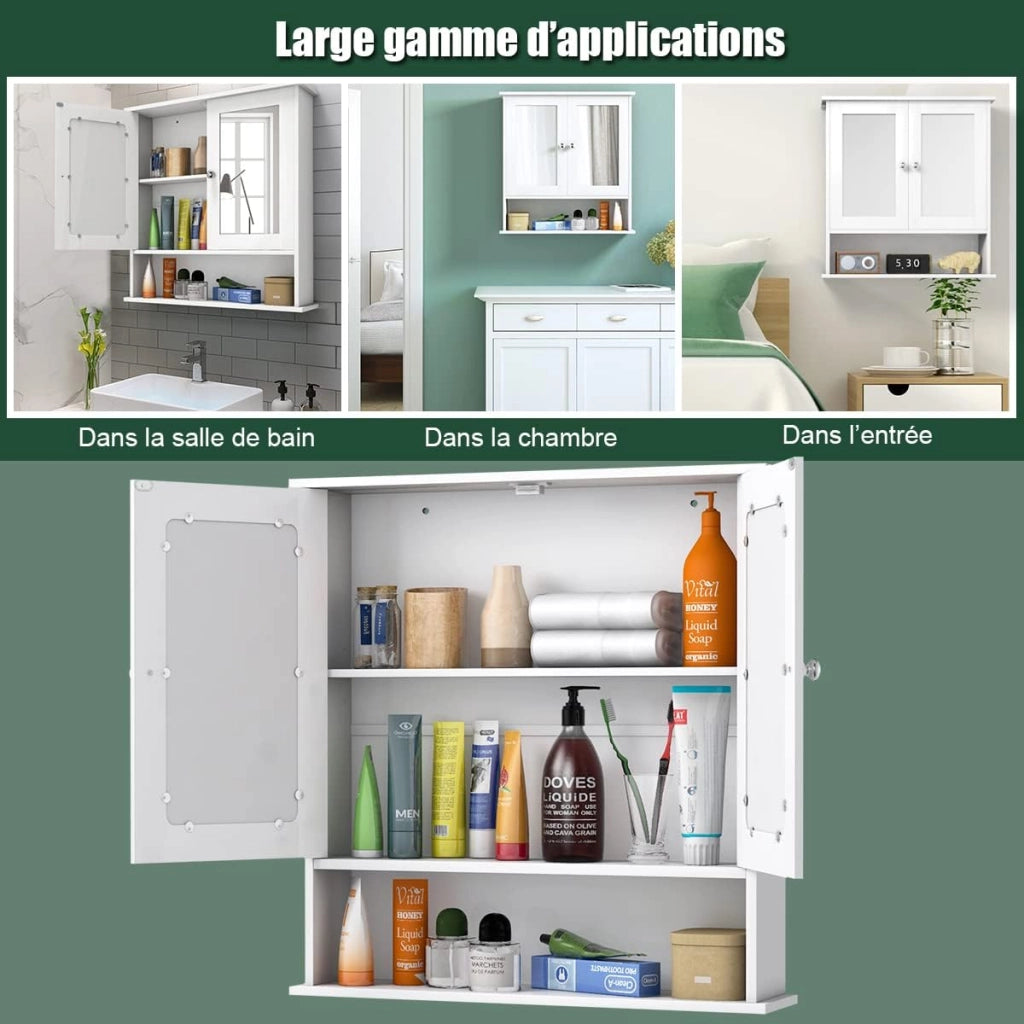 Armadietto da Bagno con Specchio, Armadietto da Parete con Ripiano Regolabile, Mobile da Parete per Bagno, 56 x 12,5 x 58 cm (Bianco)