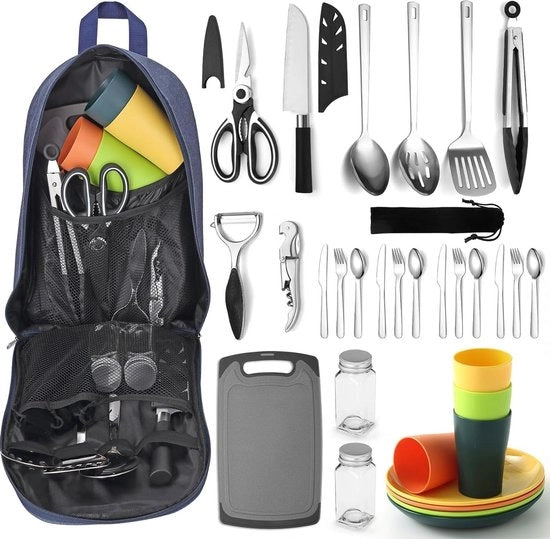 Set di accessori per campeggio con set di utensili da cucina, piatti e bicchieri