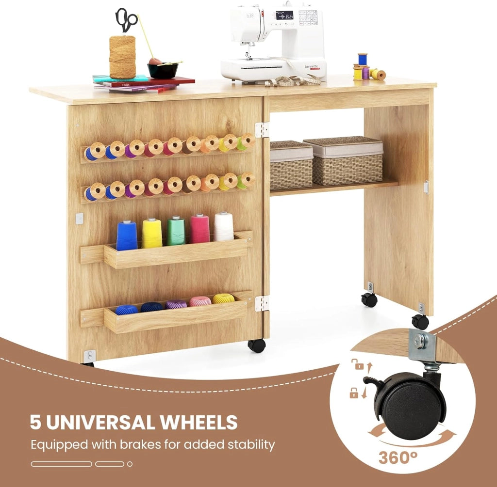 Tavolo Cucire con Ruote, Tavolino Cucito Pieghevole, Asse da Stiro Richiudibile, Mobile per Macchina da Cucire a Scomparsa, Allungabile a 3 Livelli, 58x40x78 cm, 2 Colori Disponibili