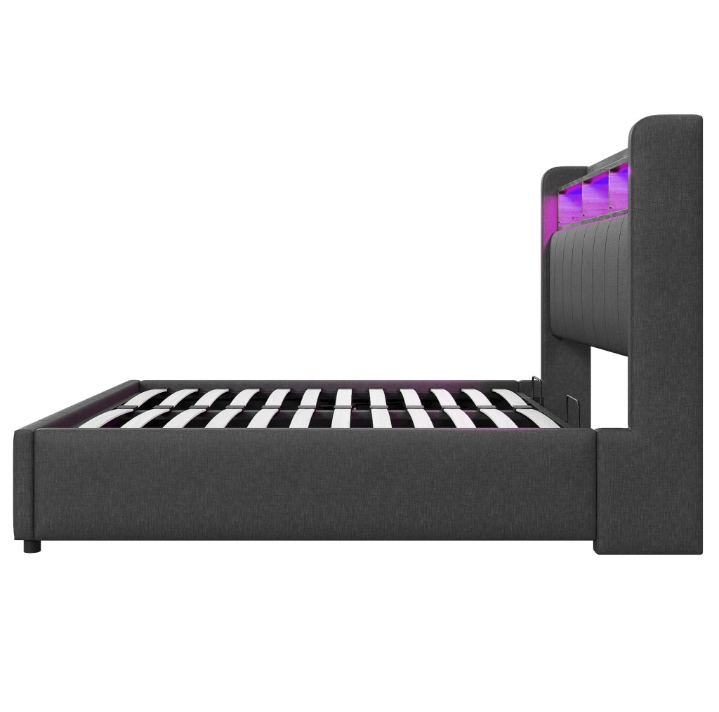Letto imbottito grigio 160 x 200 cm con LED, ricarica e vano contenitore