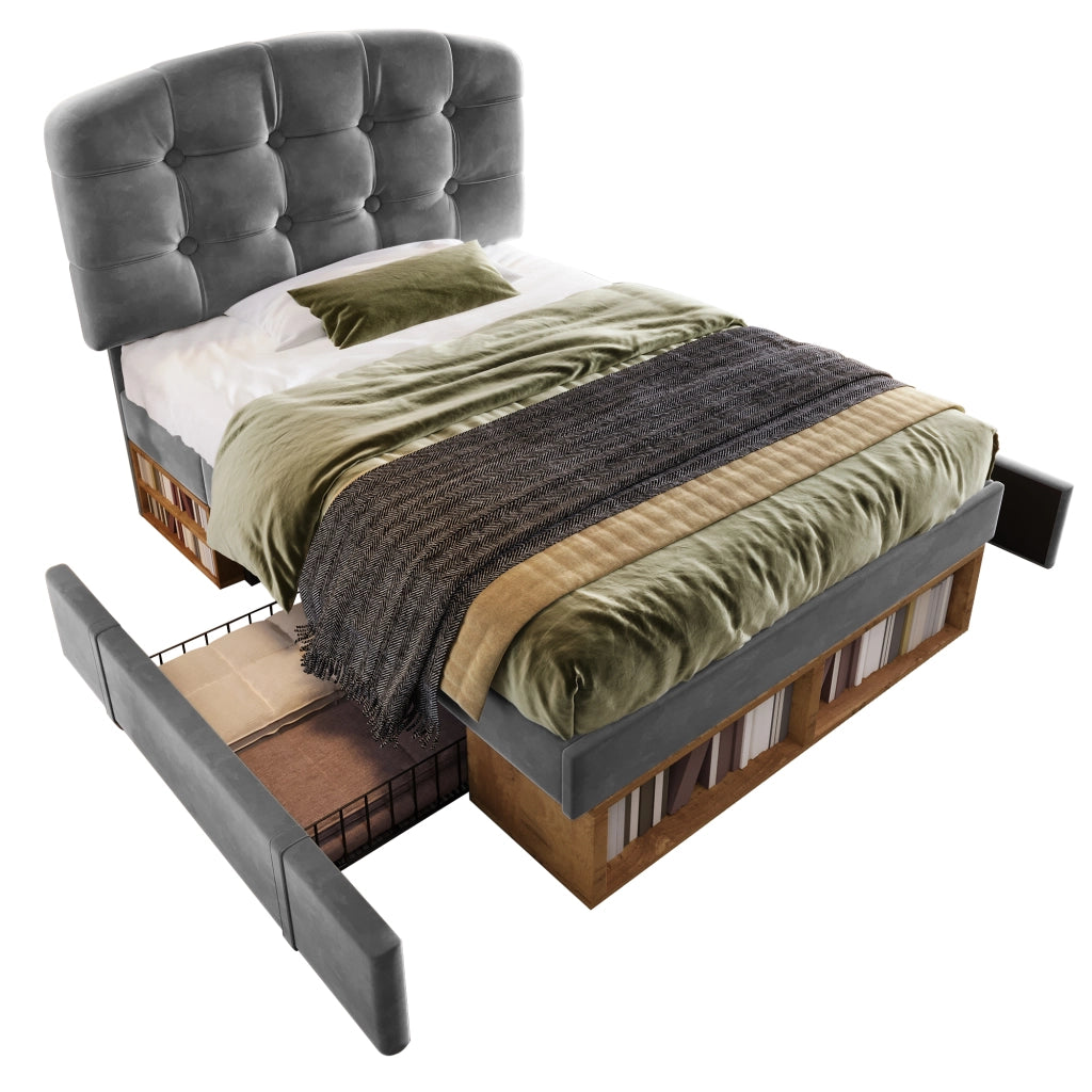 Letto con Cassetti 90 x 200 cm; Testiera Regolabile e Vani Aperti in Velluto - Grigio