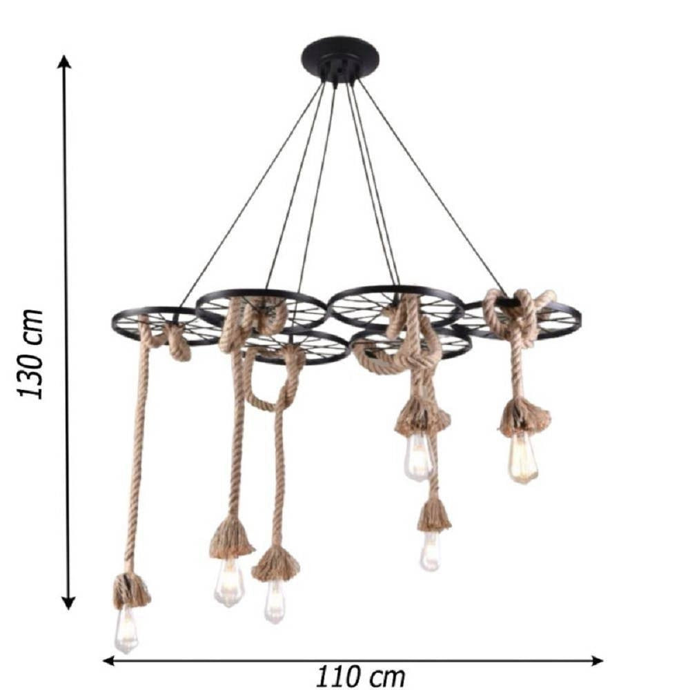 Trade Shop - Lampadario A Sospensione Con Corde Canapa 6 Portalampada E27 Retrò Country A89-6 -