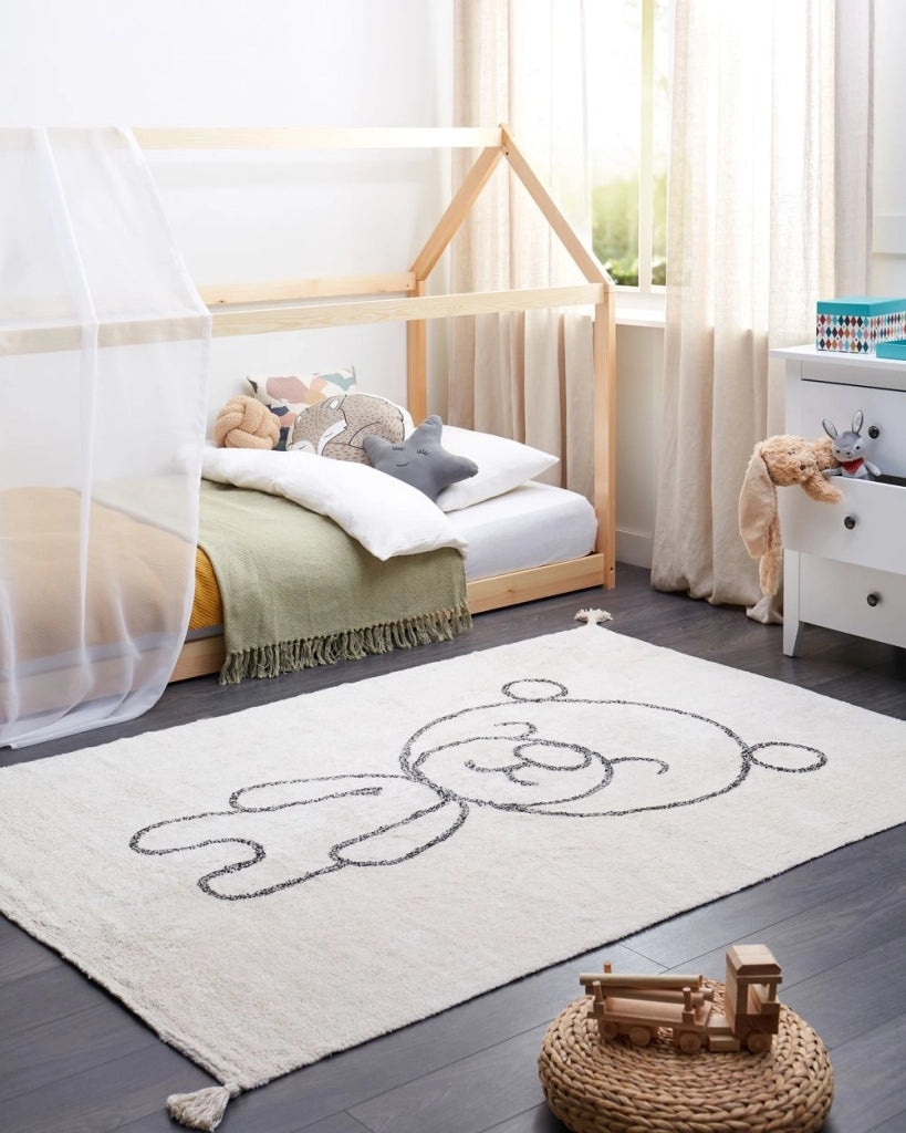Tappeto per cameretta con stampa orsetto e nappe beige 140 x 200 cm camera da letto soggiorno